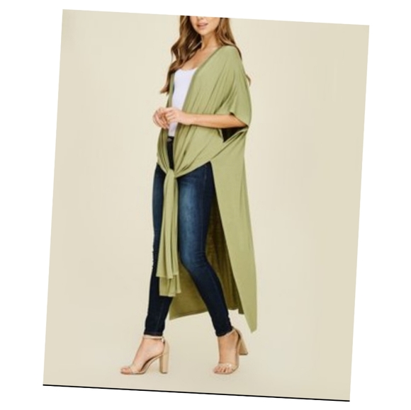 ANNABELLE GREEN LONG CARDIGAN DUSTER SIDE-SLIT L - Picture 2 of 5